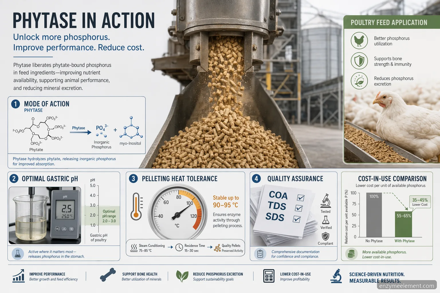 best phytase enzyme for poultry feed dosage, pH, and heat stability checklist with activity, QC, and cost-in-use icons