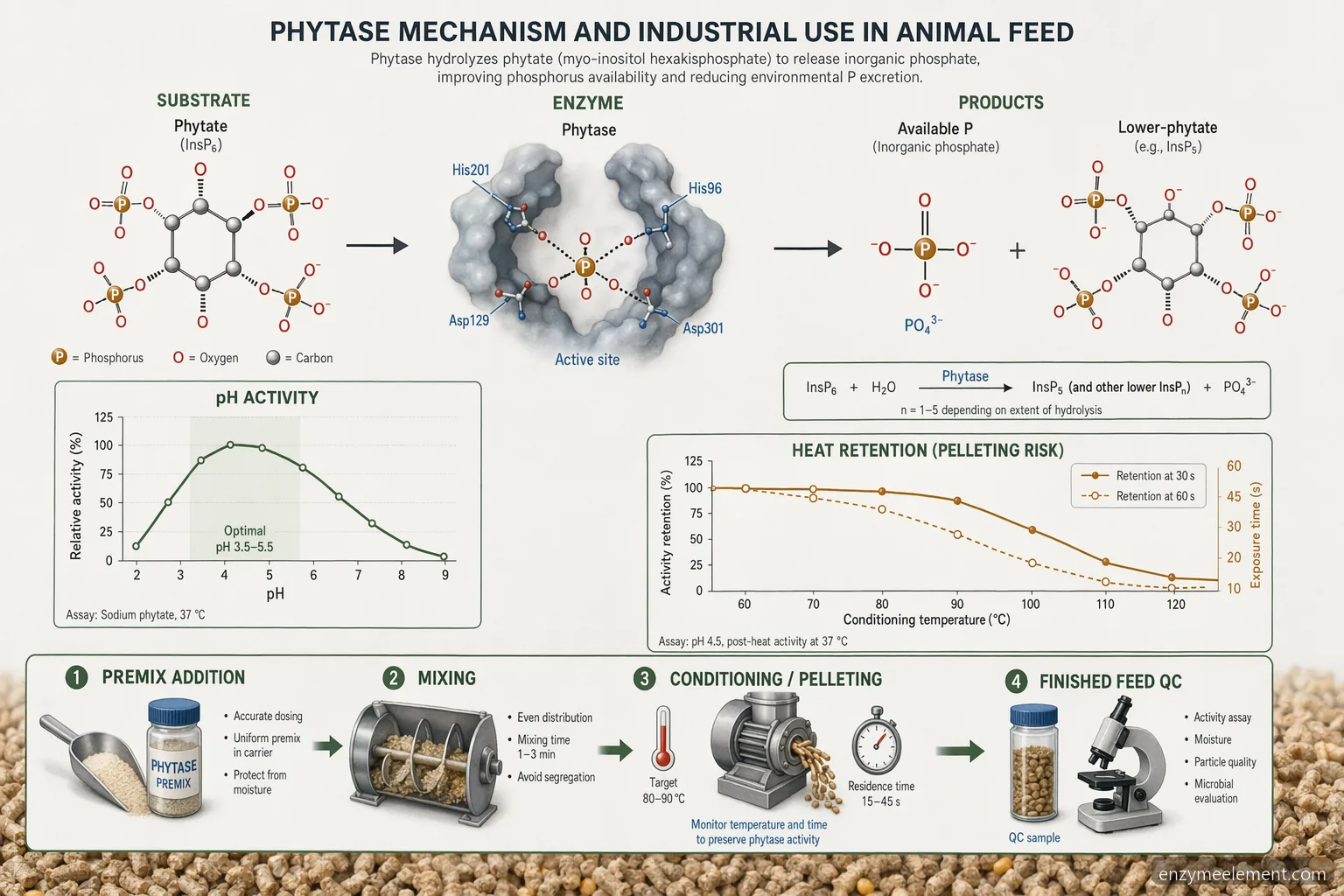 phytase animal feed process guide diagram showing pH activation, pelleting heat risk, and phytate phosphorus release