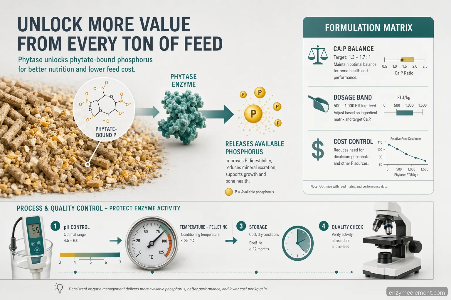 phytase enzyme for poultry feed formulation infographic showing phytate phosphorus release, dosage, pelleting, QC