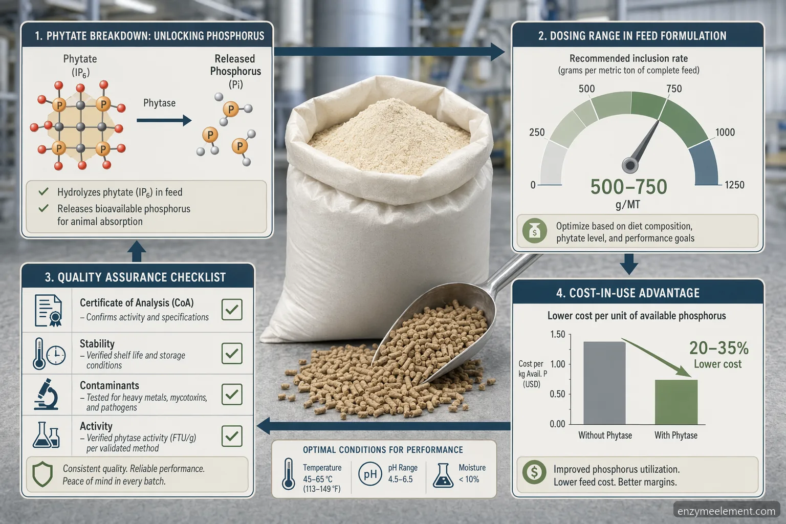 phytase powder for animal feed supplier guide infographic showing dosing, QC documents, compatibility, and cost-in-use