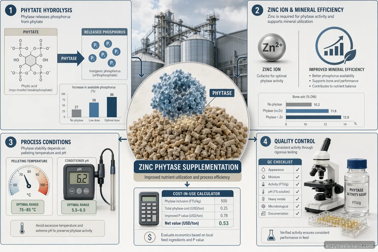 zinc phytase supplementation supplier guide infographic showing phosphorus release, mineral efficiency, QC, and mill performance